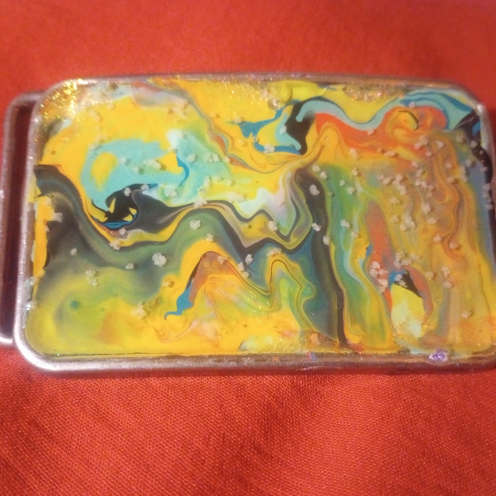 Multicolor Abstract Resin Belt Buckle - Yellow Blue Green Accent